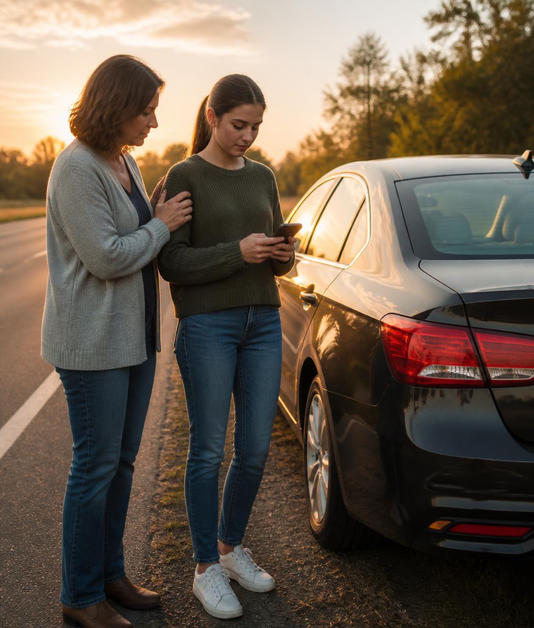 A parent standing with a young adult driver beside a stopped car at golden hour, reviewing their roadside plan on a phone
